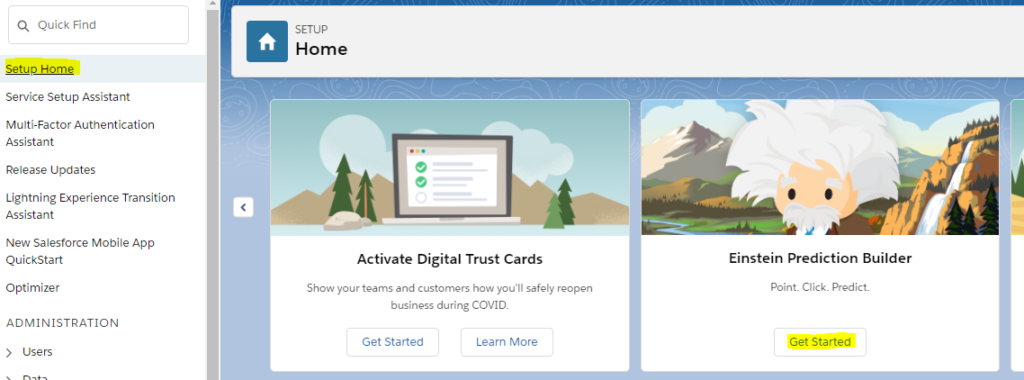 Einstein Prediction Builder Setup Home